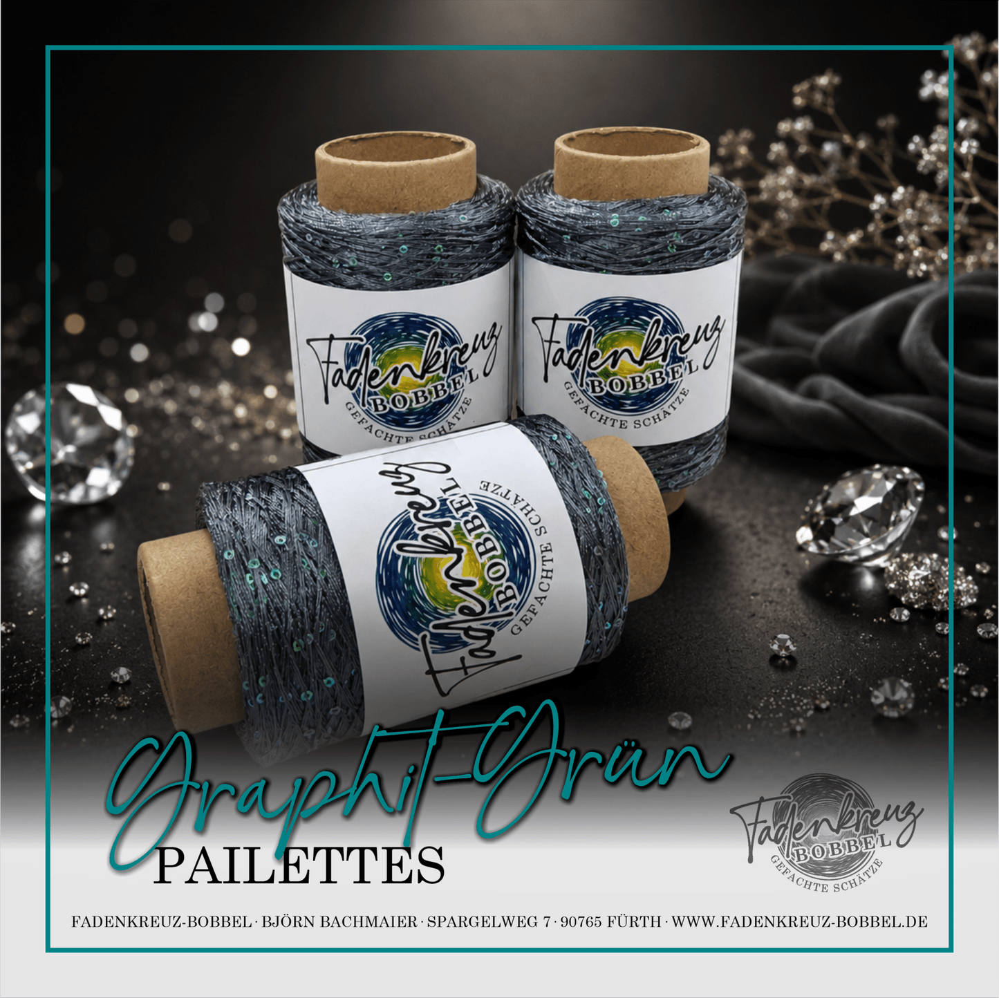 Beilaufgarn Paillettengarn Graphit mit grünen Pailletten - Fadenkreuz Bobbel Shop