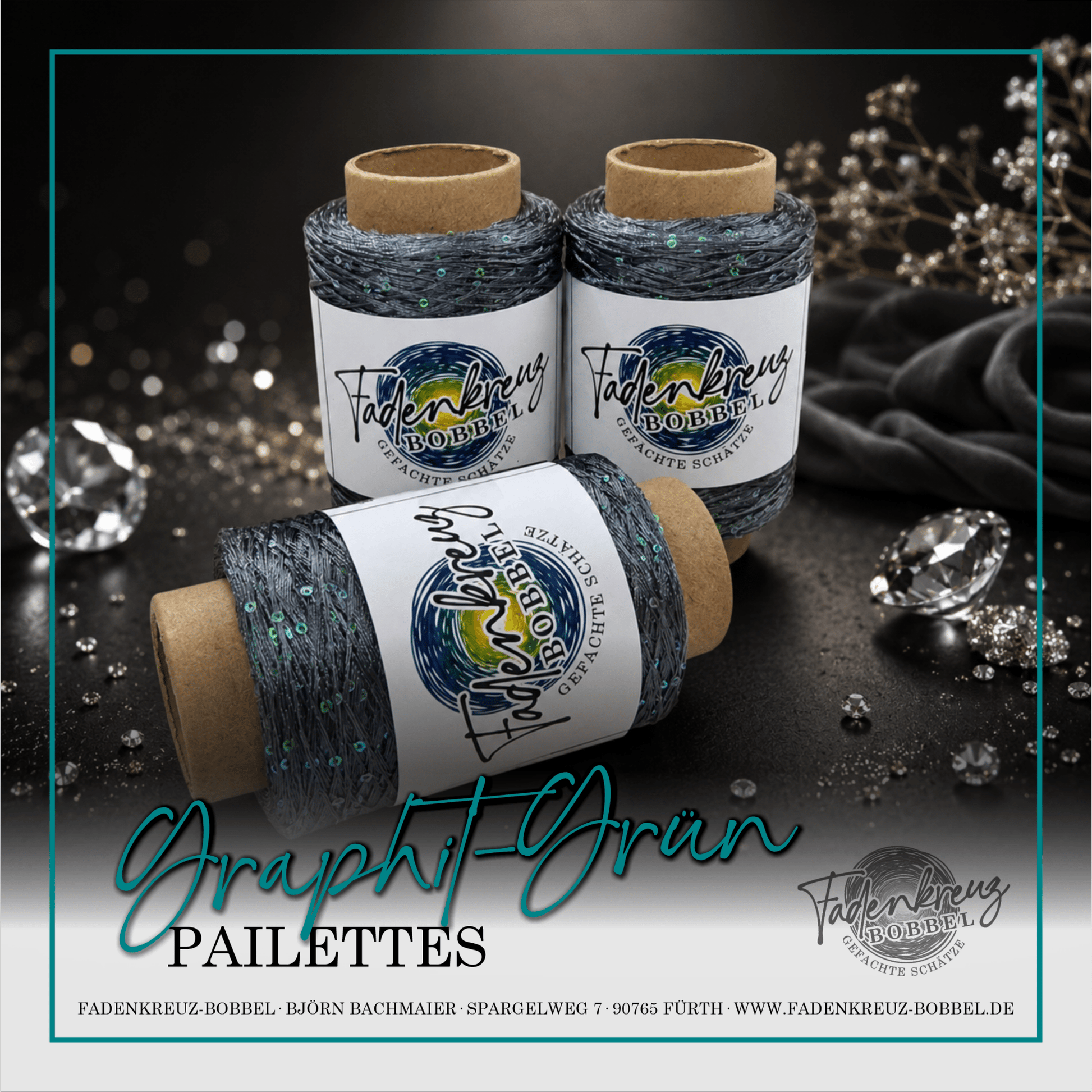 Beilaufgarn Paillettengarn Graphit mit grünen Pailletten - Fadenkreuz Bobbel Shop